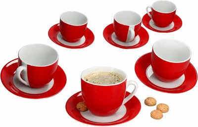 Servies rode rand - 6x Kopjes - Ø 8,5 cm, lengte met handvat