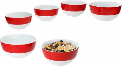 Servies met rode rand  - 6x kom Ø 14,3 cm, spiegel Ø 7,5 cm, bodem Ø 7,5 cm, hoogte 7,2 cm